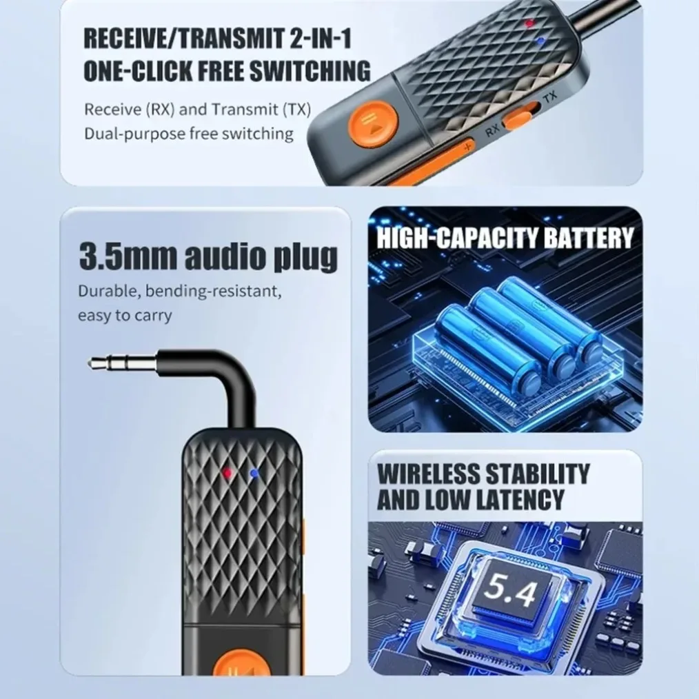 2 In 1 Bluetooth 5.4 Audio Transmitter Receiver 3.5mm AUX Jack Airplane Wireless Adapter Mic For TV Car Kit Speaker PC Headphone