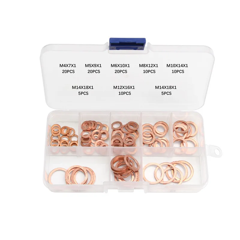 Copper Washer Gasket Nut And Bolt Set Flat Ring Seal Assortment Kit 100Pcs For Sump Plugs