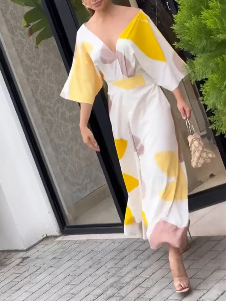 

2024 Holiday Three Quarter Sleeve Maxi Dress, Spring Summer Women Deep V-Neck Party Dress, Elegant Printing Simple Ladies Dress