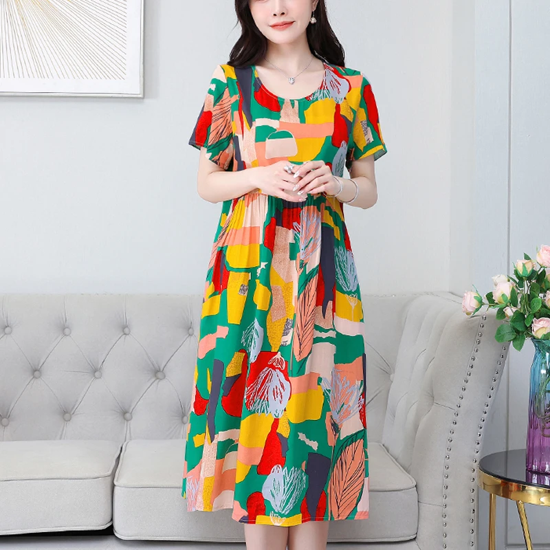 

New Hot Casual 2022 Women Summer Dress For Women Short Sleeve Elegant Vintage O-Neck Plus Size Print Flowers Dresses