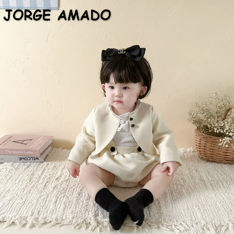 

Korean Style Spring Autumn Baby Girl Set Lace O-neck Long Sleeve T-shirt+Solid Color Coat+PP Shorts Newborn Formal Clothes E6860
