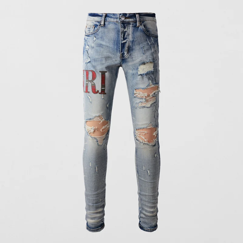 

High Street Fashion Men's High Quality Light Blue Jeans Retro Elastic Tight Embroidered Jeans Men's Patch Designer Hip Hop Brand