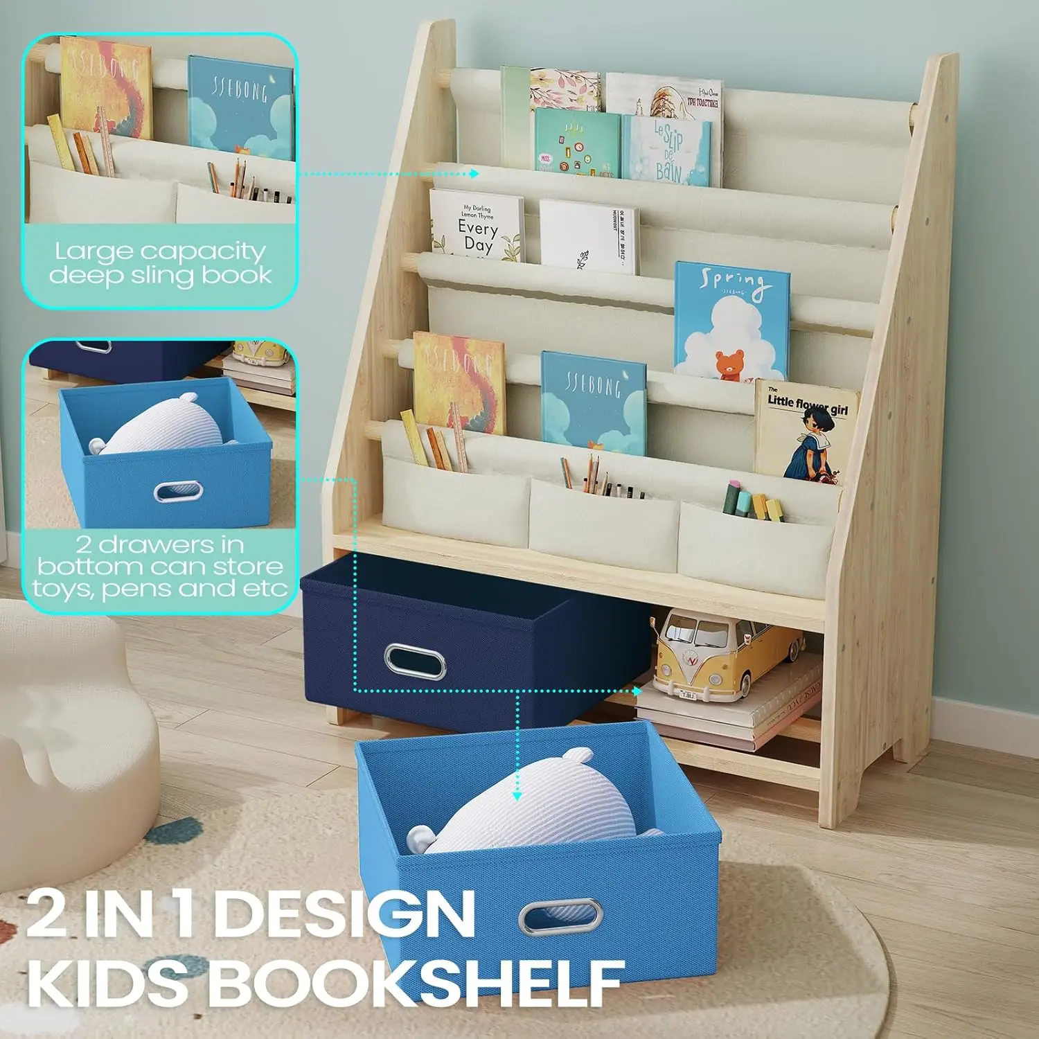 4-Tier Wooden Kids Book Rack with Toy Storage 4