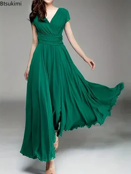 2026 Women's V Neck Short Sleeve Evening Party Dress Temperament Solid Colour Long Cocktail Chiffon High Waist Summer Dresses 1