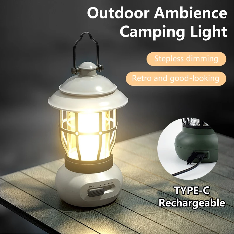 Retro Portable Camping Lantern Waterproof Emergency Light Stepless Dimming COB Rechargeable Hanging Tent Lamp For Outdoor Hiking