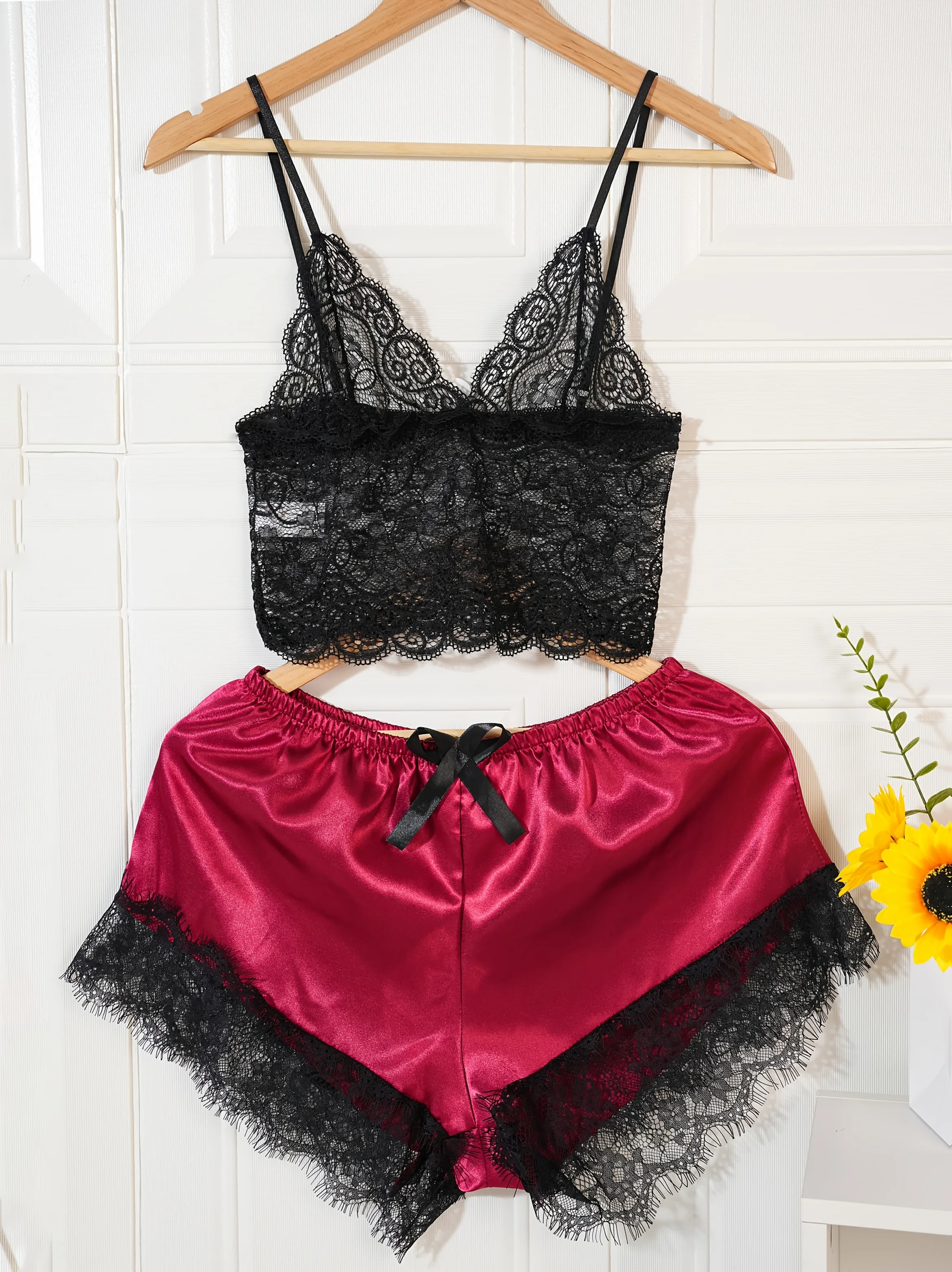 4 قطعة طقم بيجامة حريمي من الساتان رداء دانتيل ملا...