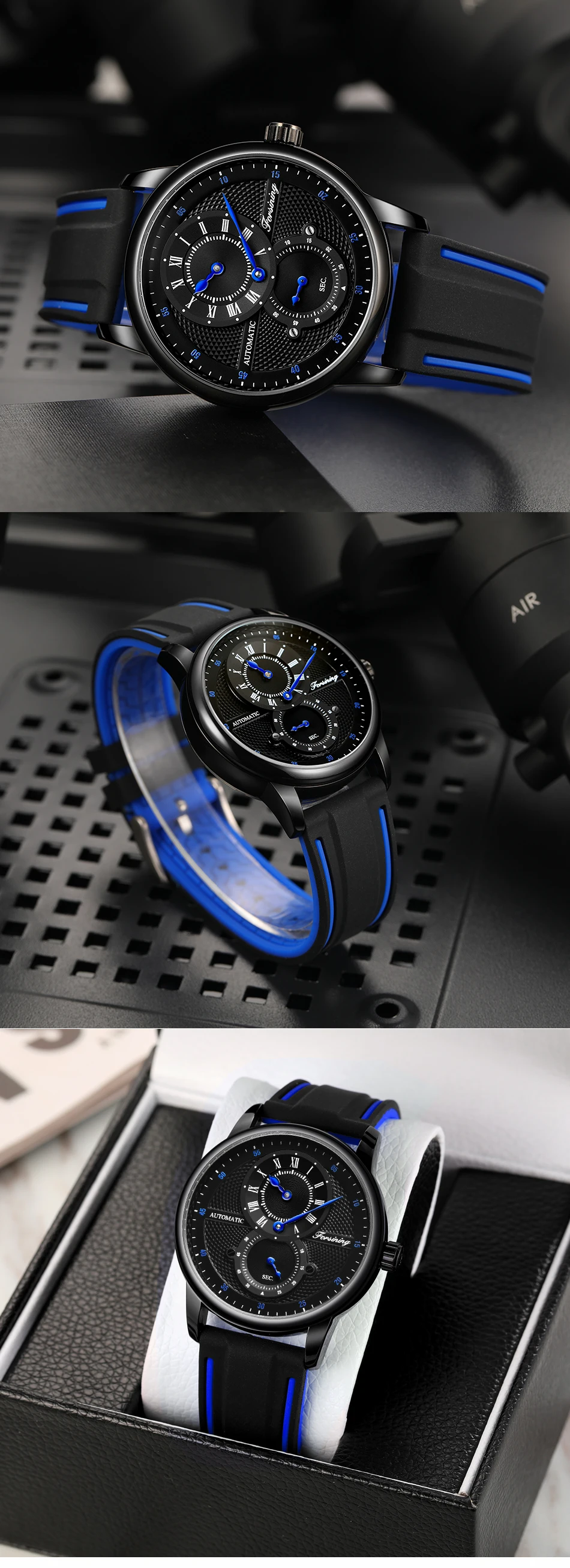 Forsining Orologio da polso automatico da uomo di lusso bianco blu Orologio meccanico impermeabile trasparente Orologio sportivo da uomo con cinturino in silicone_voghion.com