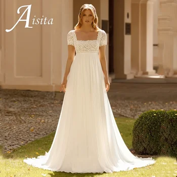 Abito da sposa da spiaggia per sposa in gravidanza, con maniche corte in pizzo, scollo quadrato, in chiffon, linea ad A, senza schienale, stile impero, per donna