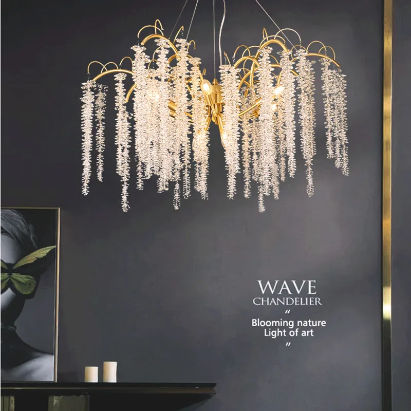 Modern Led Wistaria Crystal Ceiling Chandelier Art Strip Branches Design Pendant Lamp Villa Hall Hanging Light Home Decor Lustre