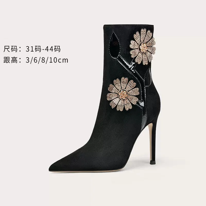 

Autumn and winter new pointy fleece rhinestone short tube thin boots banquet dress large small slim high heel plush women's boot