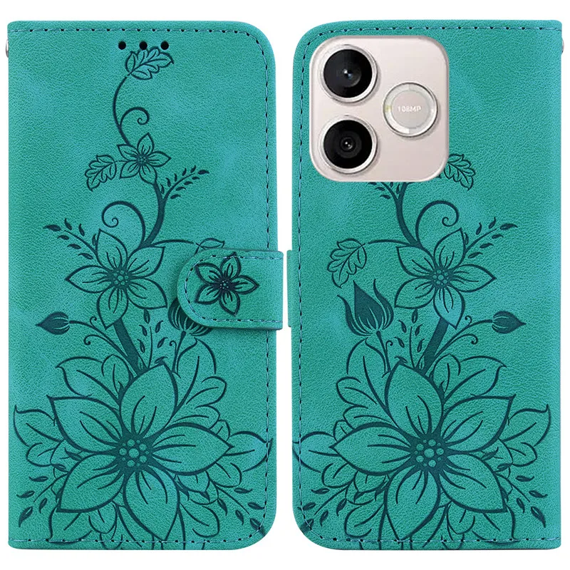 Floral Flip Cover Wallet Bag with Magnetic Closure - Lily Design in Leather