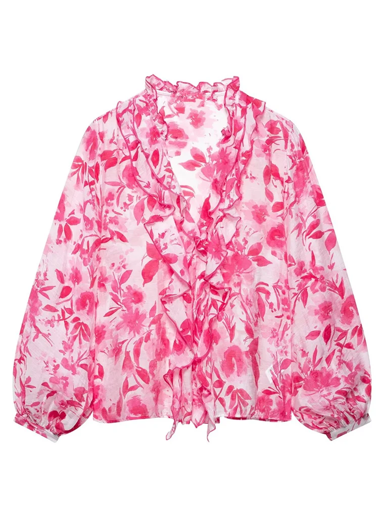 Zevity Frauen Mode V-ausschnitt Tiered Rüschen Floral Print Beiläufige Lose Bluse Weibliche Laterne Hülse Hemd Blusas Chic Tops LS9034