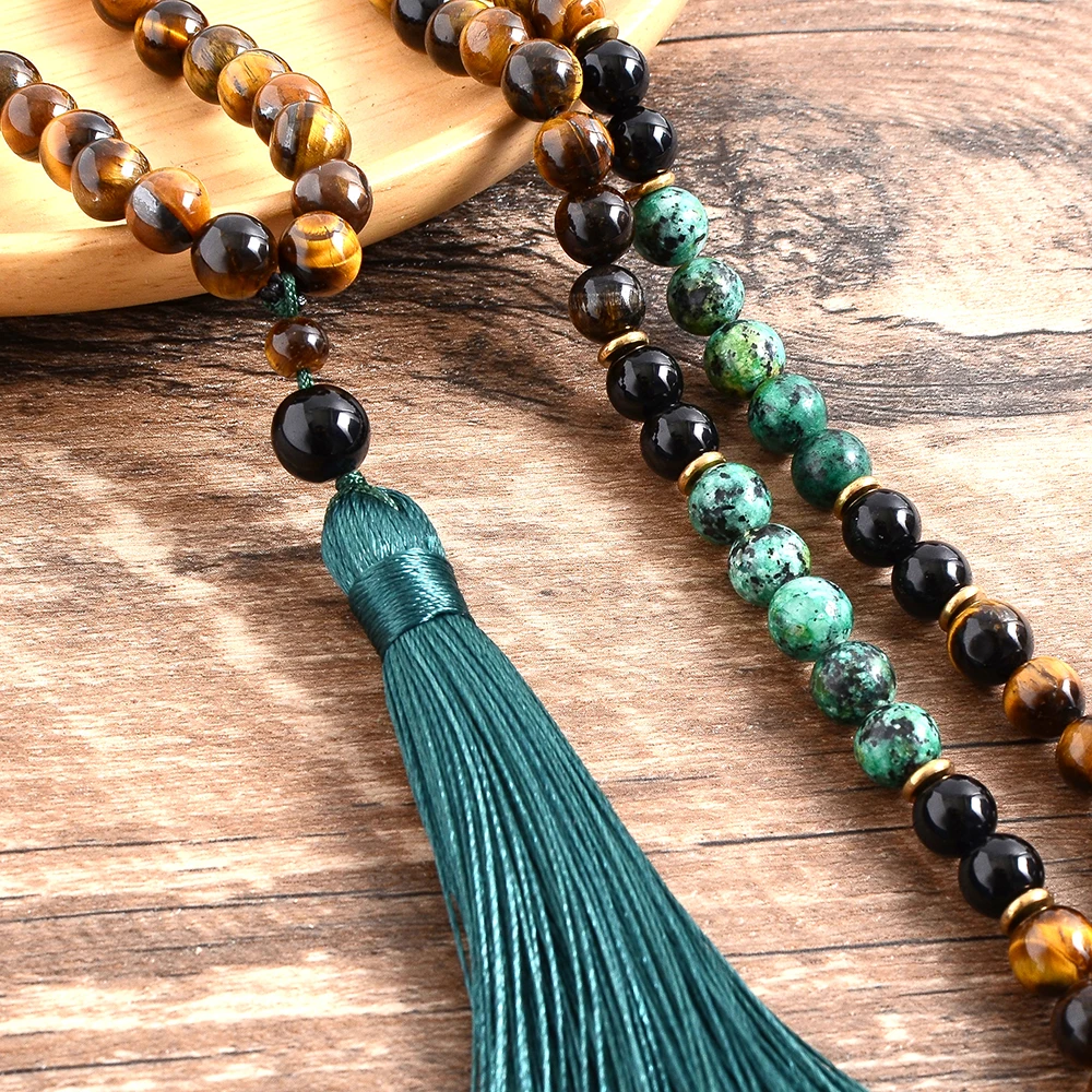 8mm Yellow Tiger Eyes Turquesa Africana Black Onyx Japamala Set Meditation Yoga Spirit Jewelry 108 Mala Beaded Tassel Necklace 5
