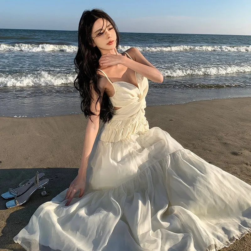 

Seaside Holiday Beach Dress Hollow-out Twisted Collar Sling Lace-up Waist-Controlled Large Swing