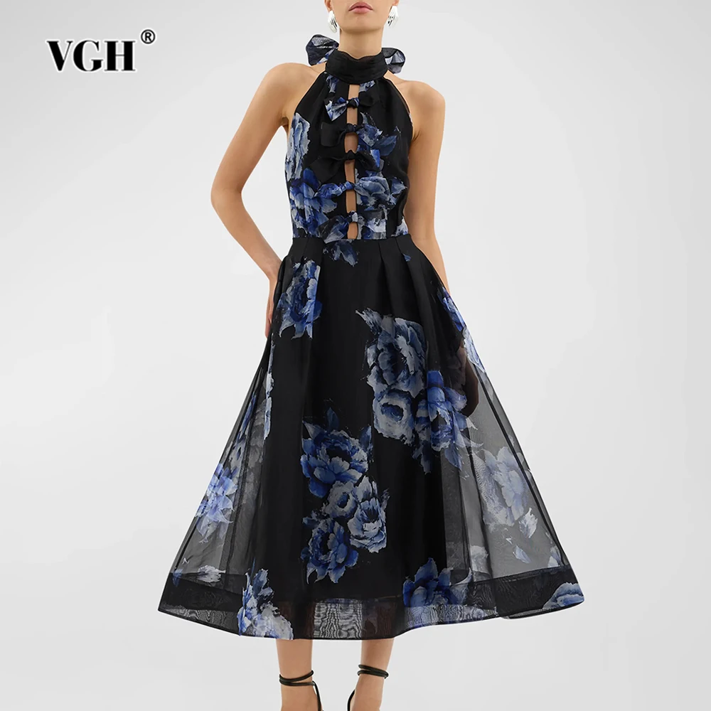 

VGH Hollow Out Printing Spliced Lace Up Backless Dresses For Women Halter Sleeveless High Waist Patchwork Bowknot Dress Female