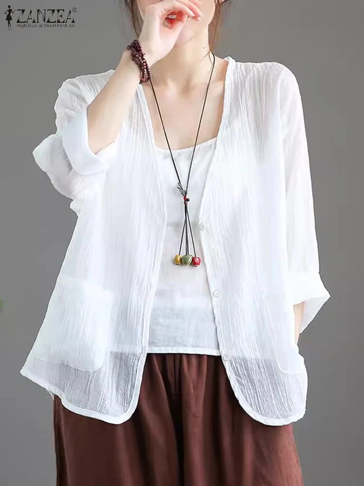 

Women V Neck Long Sleeve Solid Shirt ZANZEA Fashion Summer Cardigan Casual Buttons Down Blouse Female Thin Outwear Loose Tops