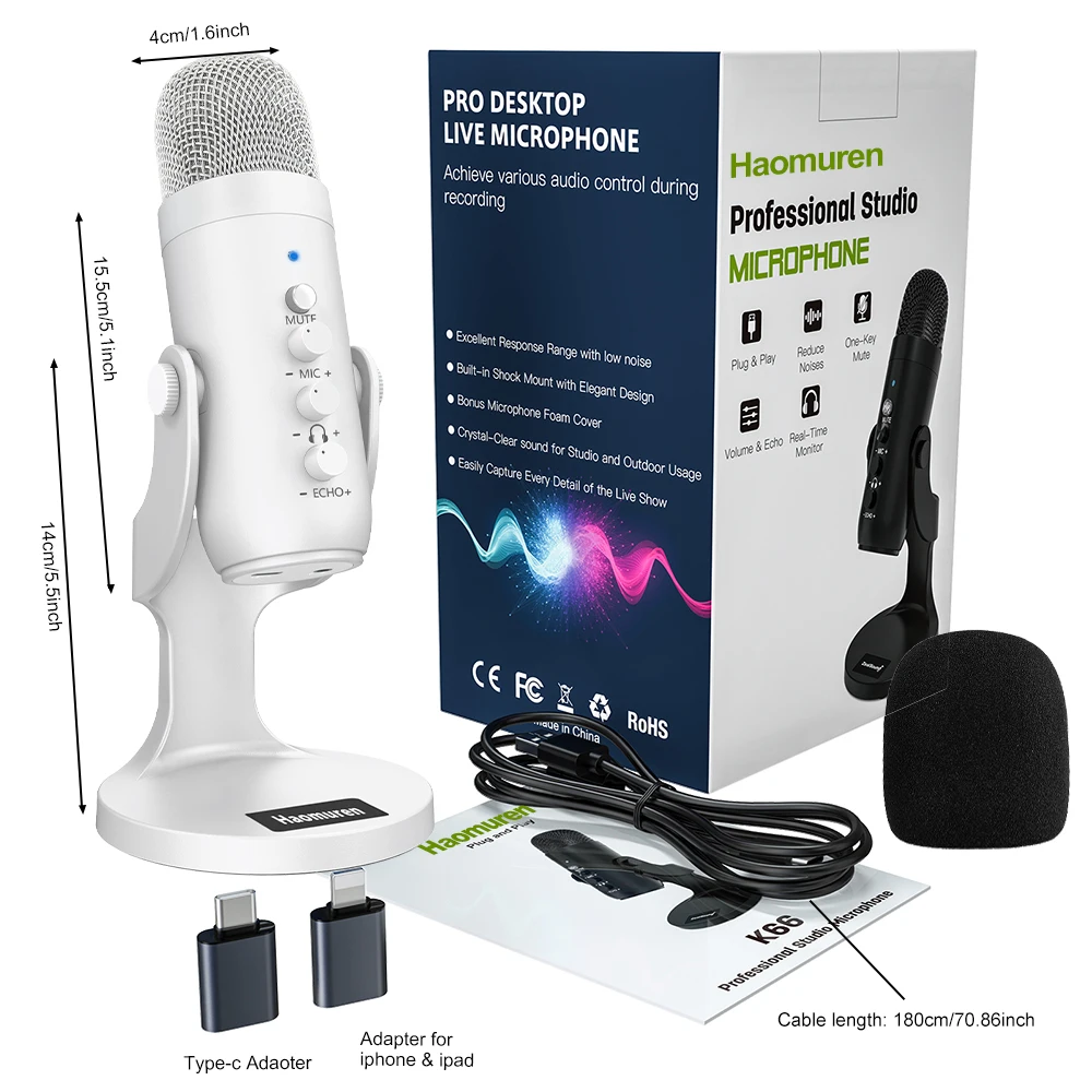 Haomuren Professional White USB Condenser Microphone Studio