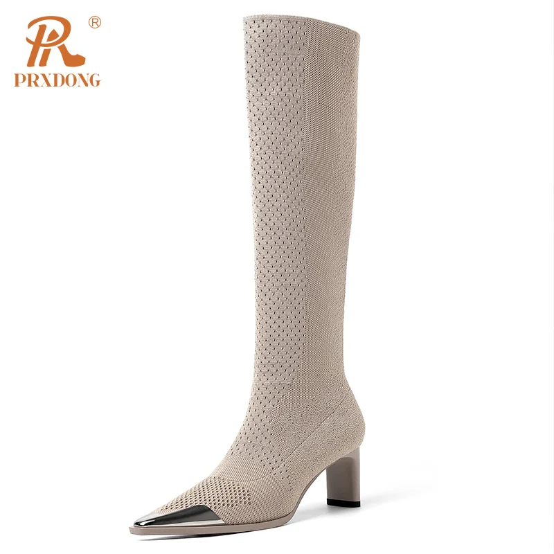 

PRXDONG New 2023 Brand Fashion Autumn Winter Shoes Woman Knee HIgh Boots High Heels Black Apricot Dress Party Lady Shoes 34-39