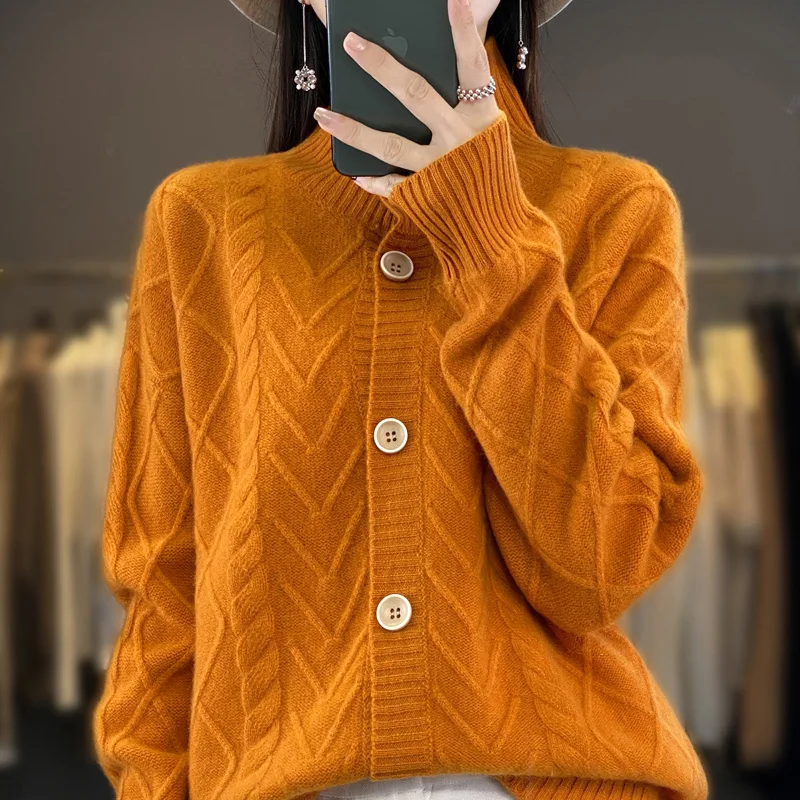 

2023 Autumn/Winter New 100% Wool Cardigan Women's Casual High Collar Cashmere Sweater Loose Korean Fashion Women's Top Coat