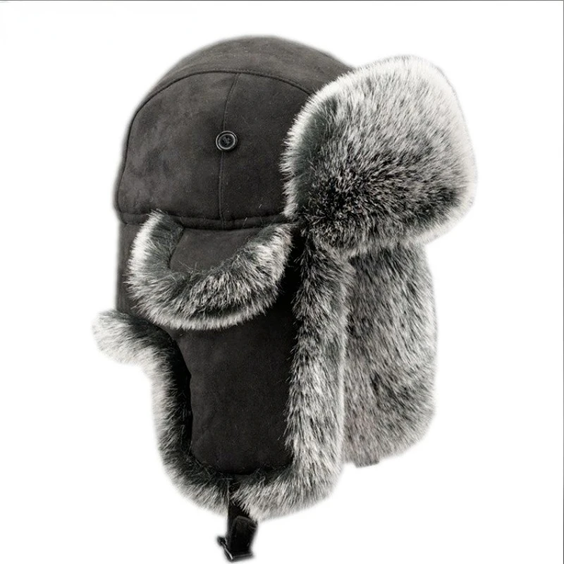 

Winter Russian Man & Woman Wholeskin Natural Rex Rabbit Fur Hats Luxury Real Sheep Skin Leather Cap Unisex Real Fur Bomber Hat