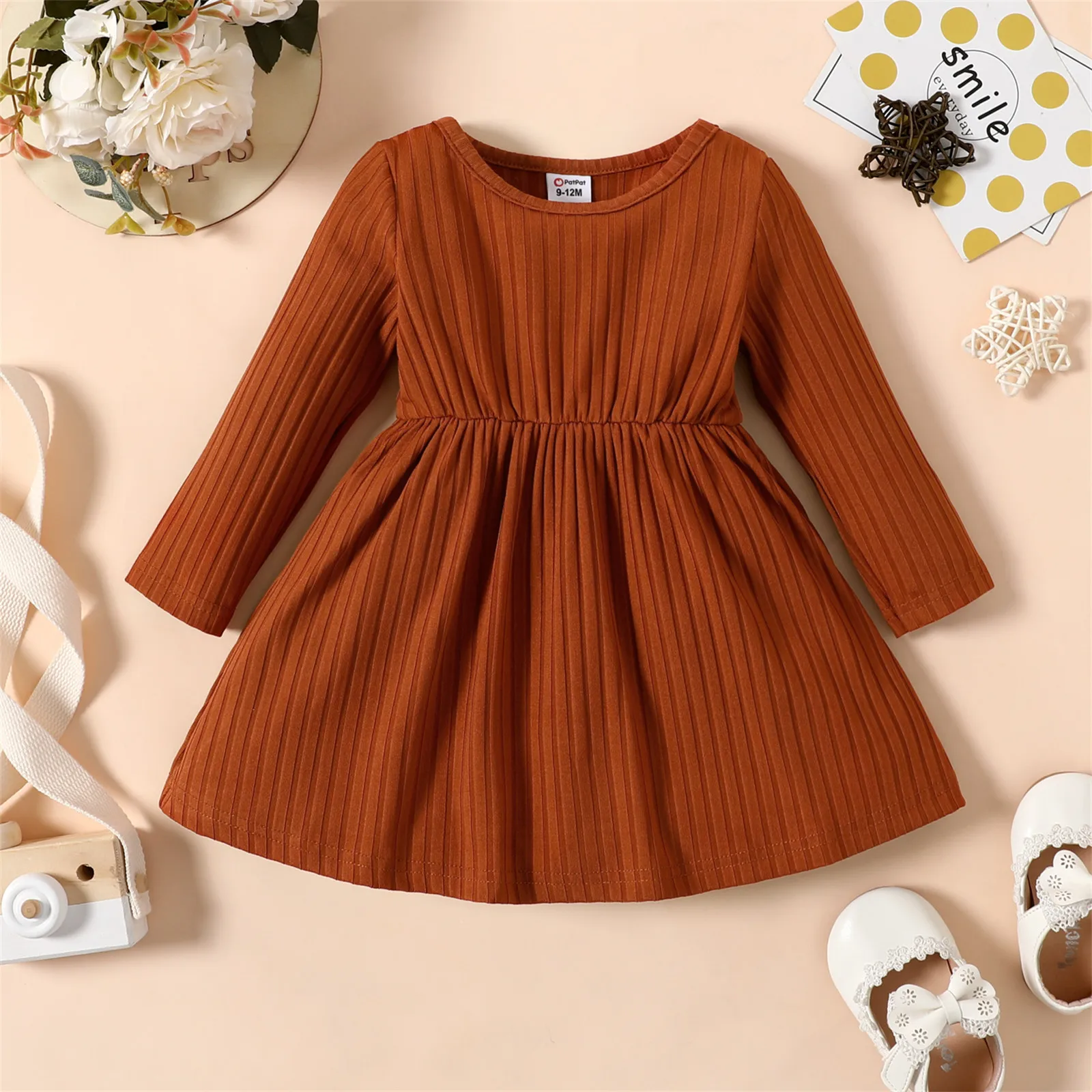 Baby Girl Dresses PatPat NewBorn Ribbed Striped Long-sleeve Overalls Kids Birthday Party Dress