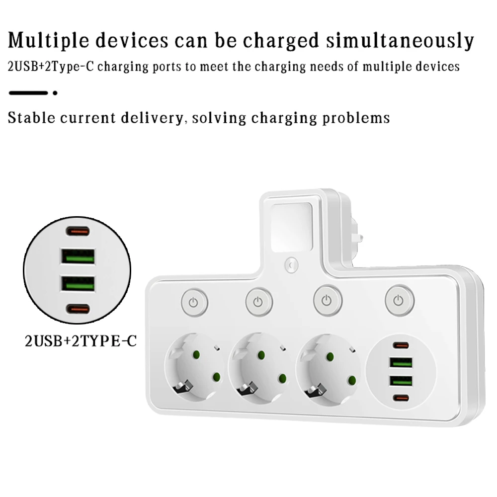 Smart Power Strip with USB-C, Night Light, and Independent Switches (EU Plug)