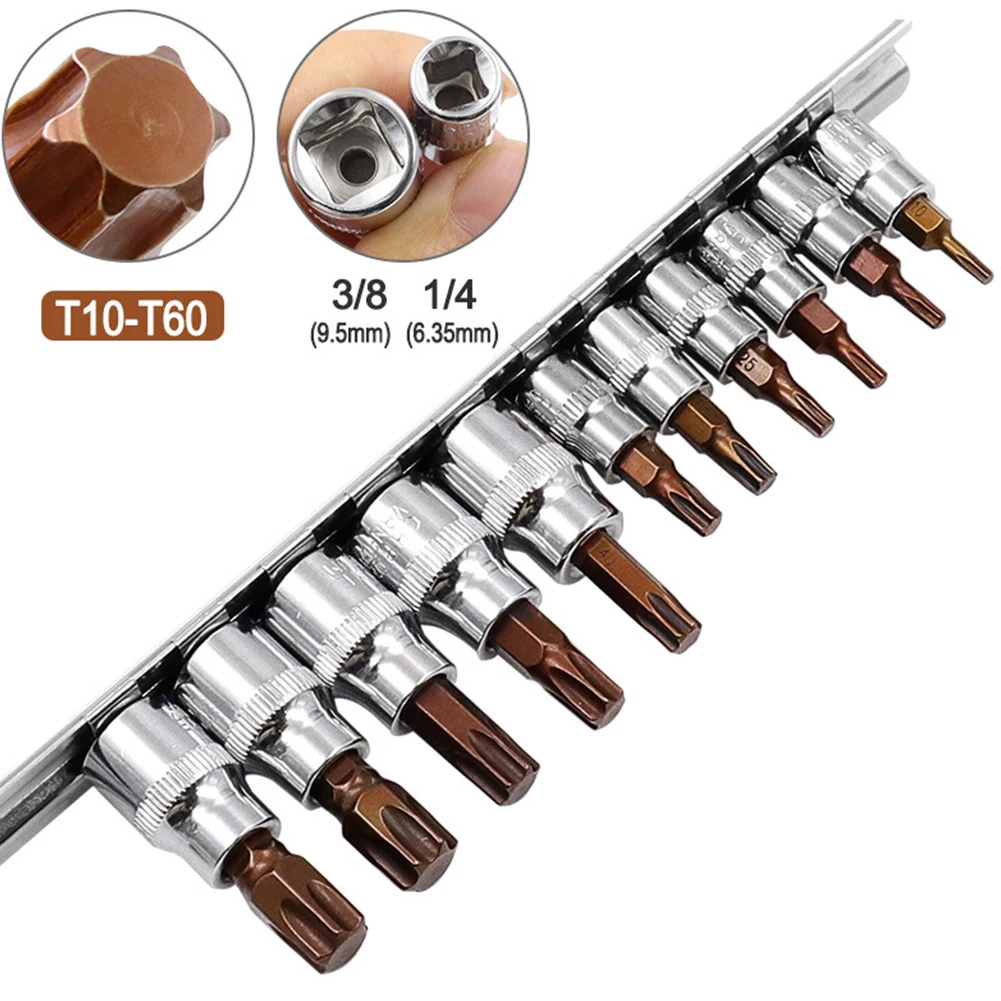 

11PCS 3/8 1/4inch Drive Alloy Torx Screwdriver Bits Socket Bit Chrome Vanadium Steel Press-fit Sleeve T10-T60 Hand Tool