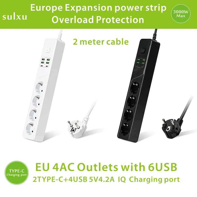 

European power socket with Overload Protection, 4AC Outlets+6USB,with Type-C Charging port 2-meter cable Expansion power strip