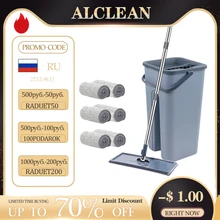 Squeeze Floor Mop With Bucket Spin Automatic Hand Free Washing Mops 6 Pcs Cleaning Mops Rags Home Household Microfiber Pads Grey