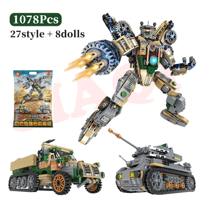 

1078pcs Compatible with LEGO 8 in 3 Steel Mecha Robot Armored Car Heavy Tank Soldier Model Puzzle Building Blocks Kids Toy Gifts