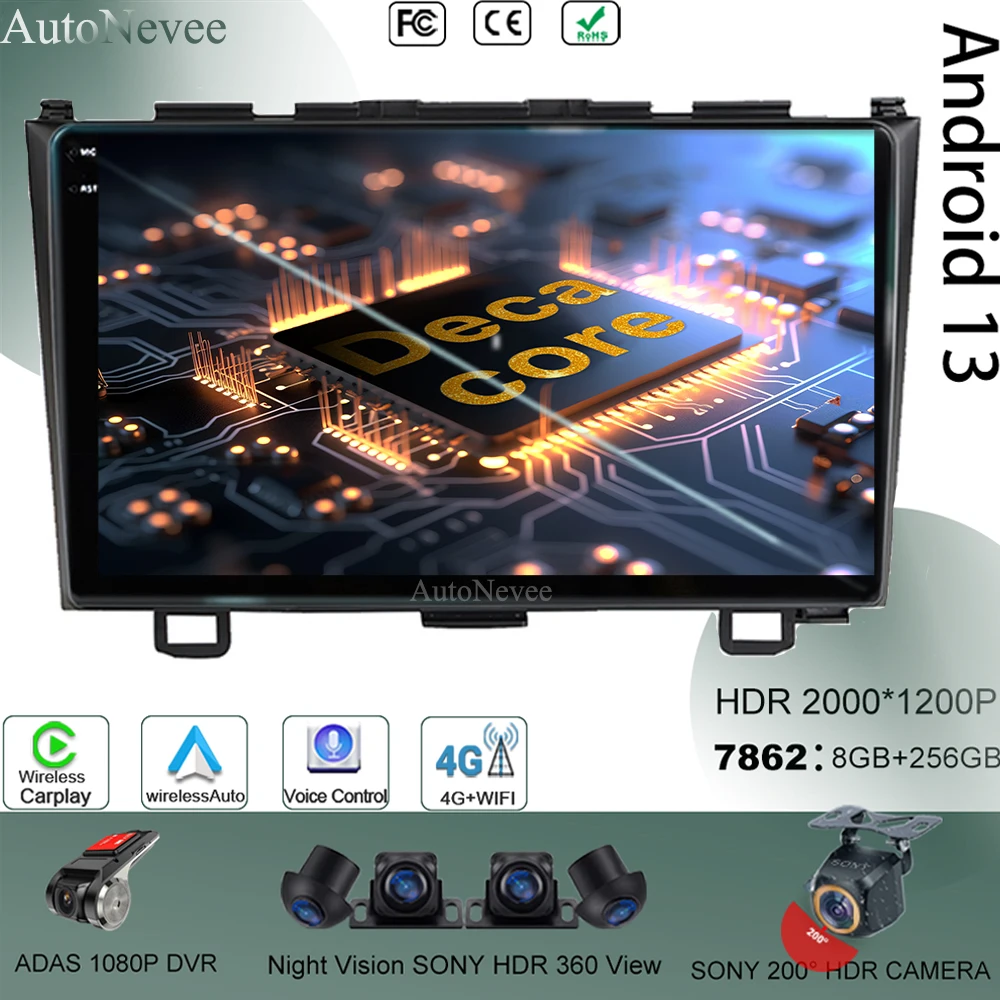 Android Per Honda Cr-V 3 Re Crv 2007-2011 Autoradio Navigazione Video Radio Play Touch Screen Carplay Gps Bt Hdr Qled Wifi