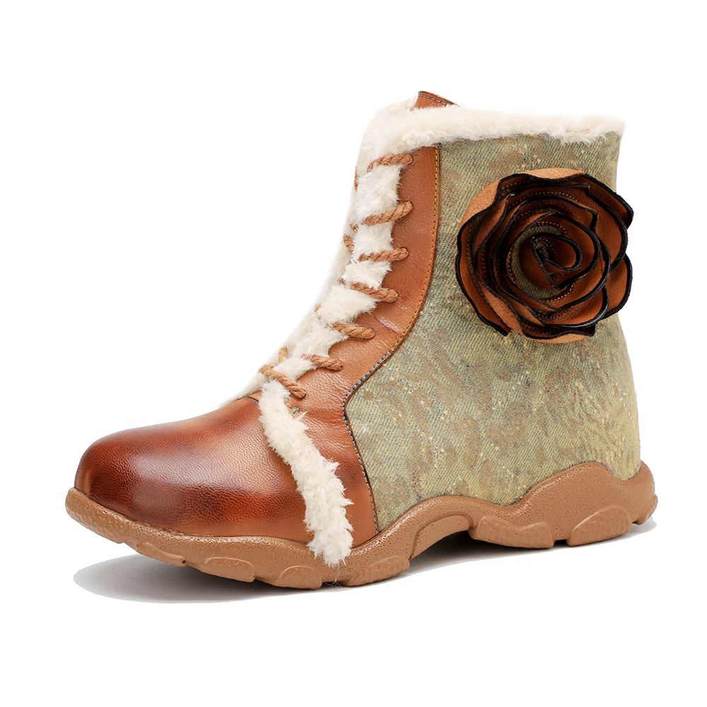 

Oversized Hand-Painted Women Ankle Boots Retro Floral Genuine Leather Patchwork Comfortable Flat Bottomed Short Plush Boots Shoe