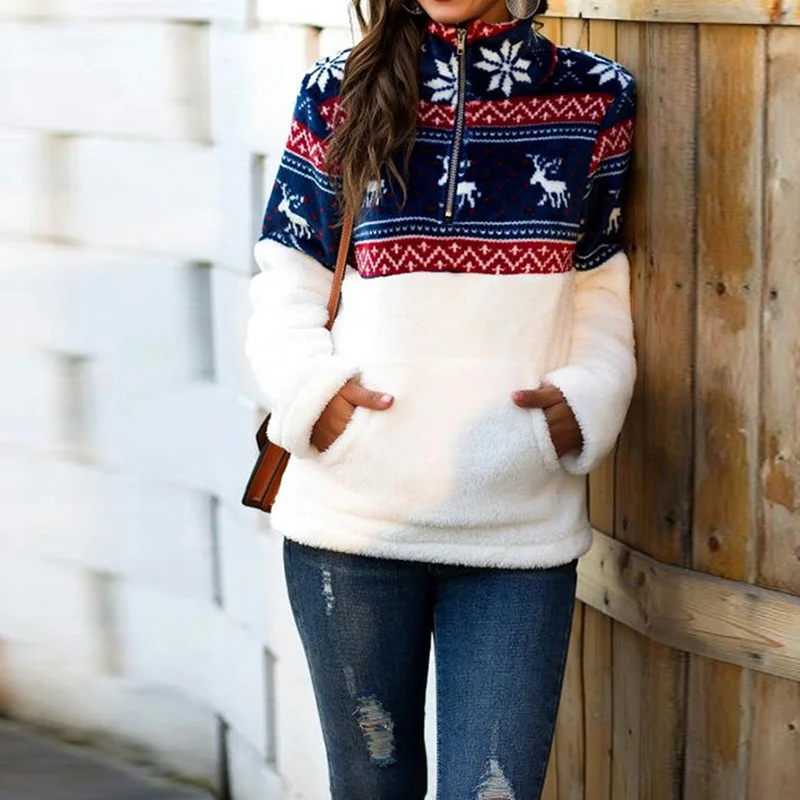 Women  Autumn Winter Fashion Korean Fleece Christmas Stand Collar Pullover Female Pattern Print Loose Patchwork Sweatshirt