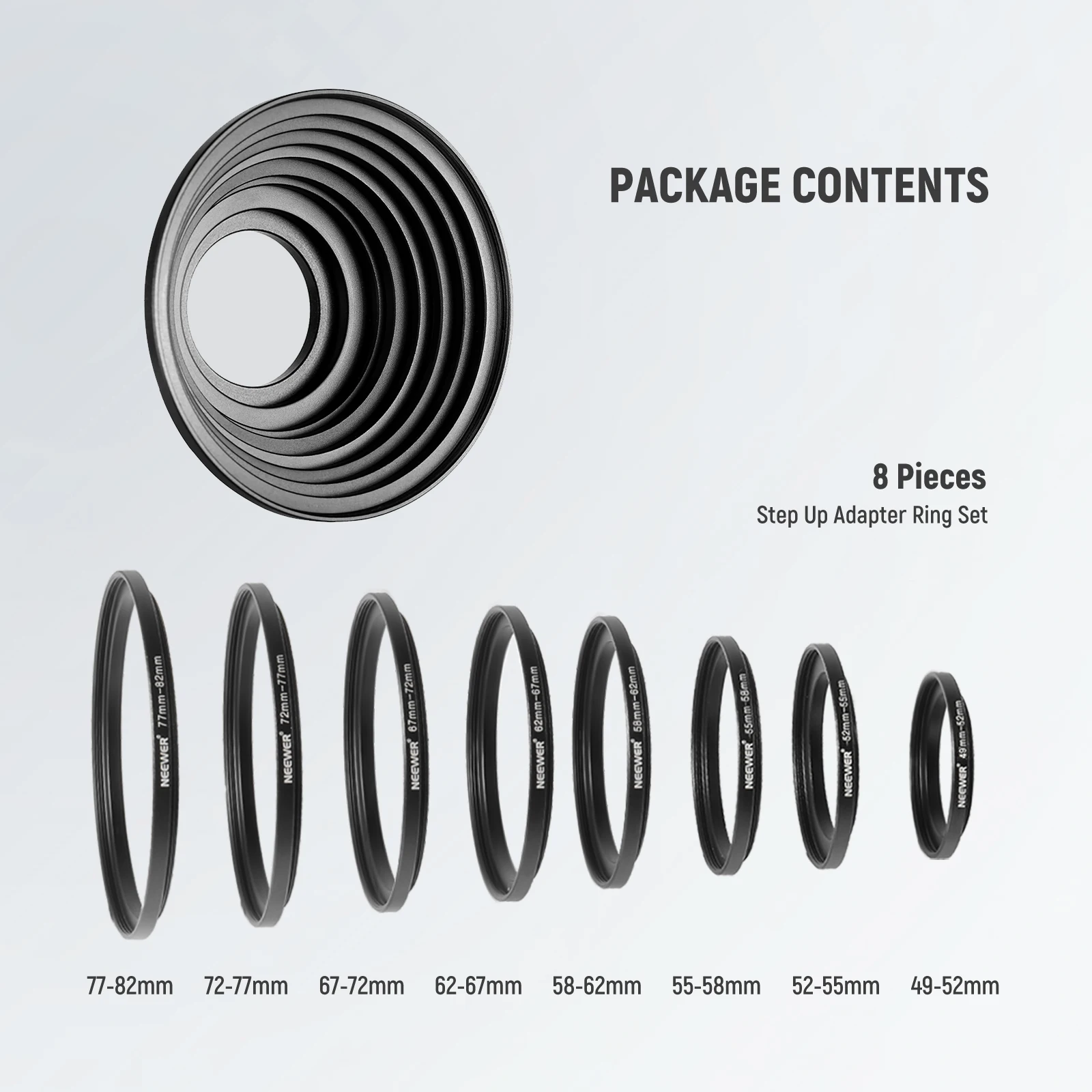 Neewer 8 Pieces Step-up Adapter Ring Set Made of Premium Anodized Aluminum 49-52