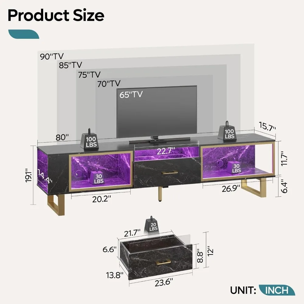 80 Inch TV Stand for 65/75/85/90 Inch TVs, LED Gaming Entertainment Center with Open Storage, Modern High Gloss Media Console 5