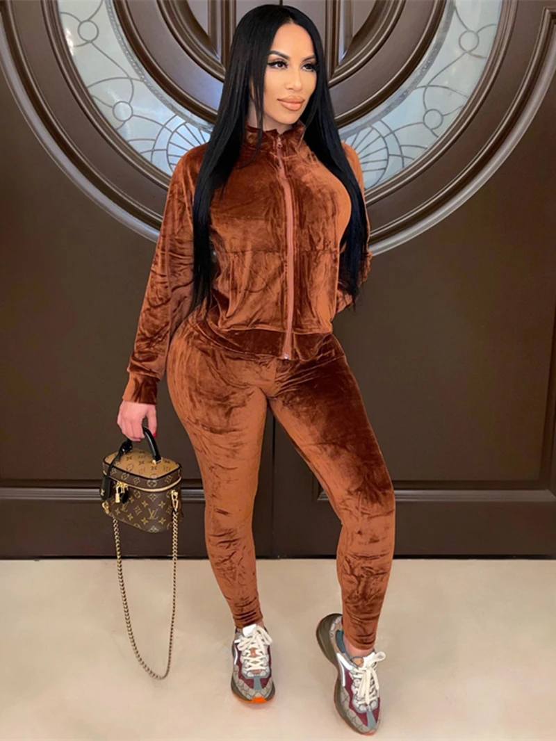 Fashion Zipper Open Velvet Casual Two -piece Suit main image 1