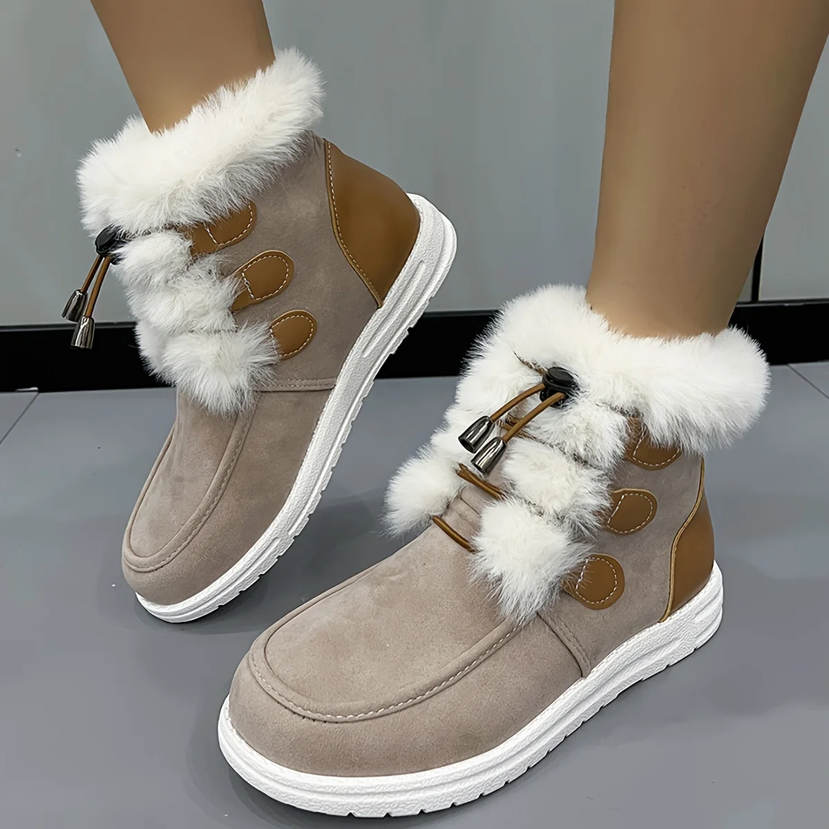 Women's Trendy Solid Color Plush Lined Thermal Furry Snow Boots, Casual Versatile Heighten Chunky Non Slip Snow Shoes, Wear Resistance Outdoor Snow Sneakers For Fall & Winter