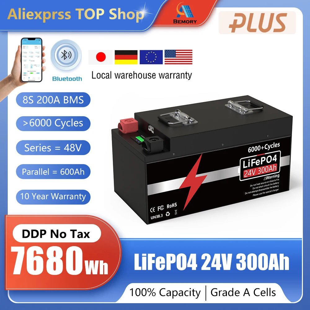 Bluetooth 24V 300Ah LiFePO4 Battery 200Ah 140Ah Lithium Batteri 6000+  Cycles 7KW For RV Boat Solar-10 Year Warranty No Tax