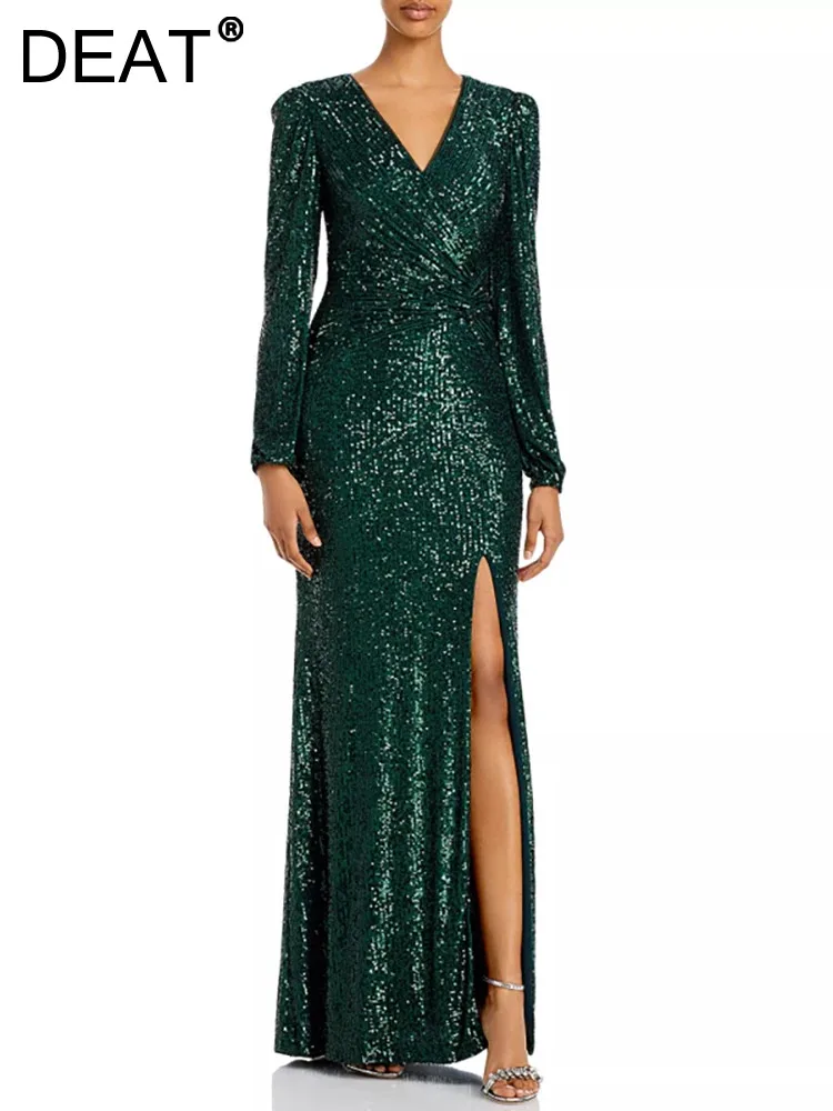 

DEAT Women's Fashion Evening Dress V-neck Long Sleeve High Waist Sequin Spliced Elegant Party Dresses Autumn 2024 New 13DB3960