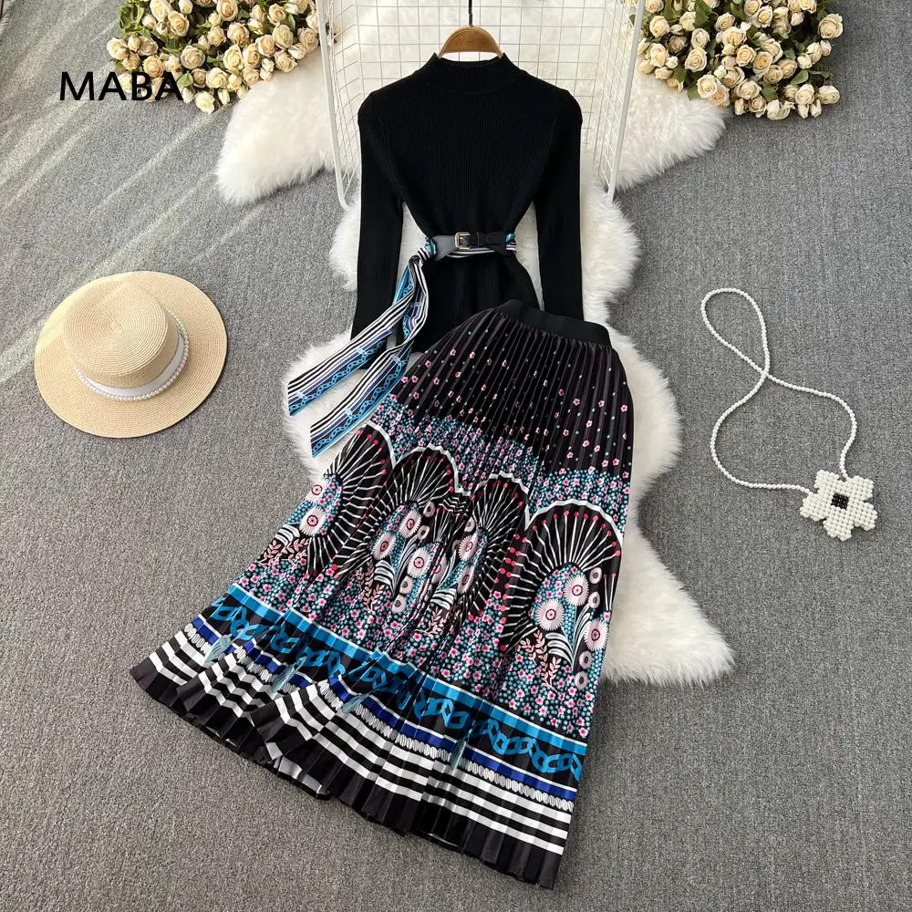 

Fashion Designer Party Skirt Two Piece Set Women Autumn Winter Lace Up Knitted Pullover+pleated Print Maxi Skirt High-grade Suit