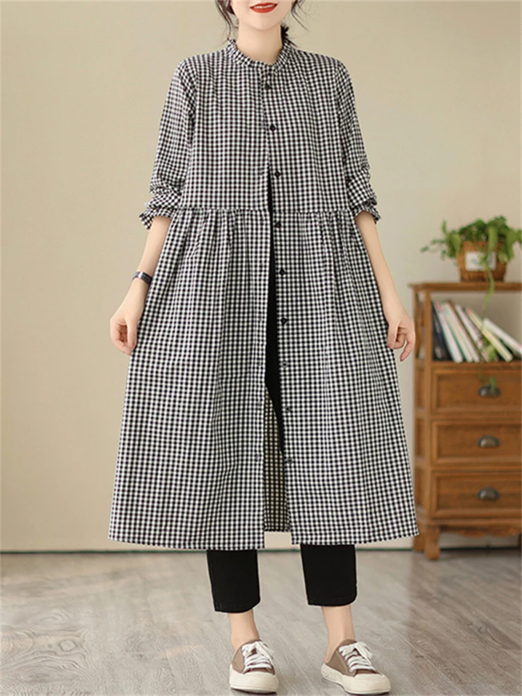 Autumn Cotton Plaid Flare Sleeve Vintage Dresses Women 2025 New Spring Casual Office Lady Work Dress Femme Robe Elegant Clothing