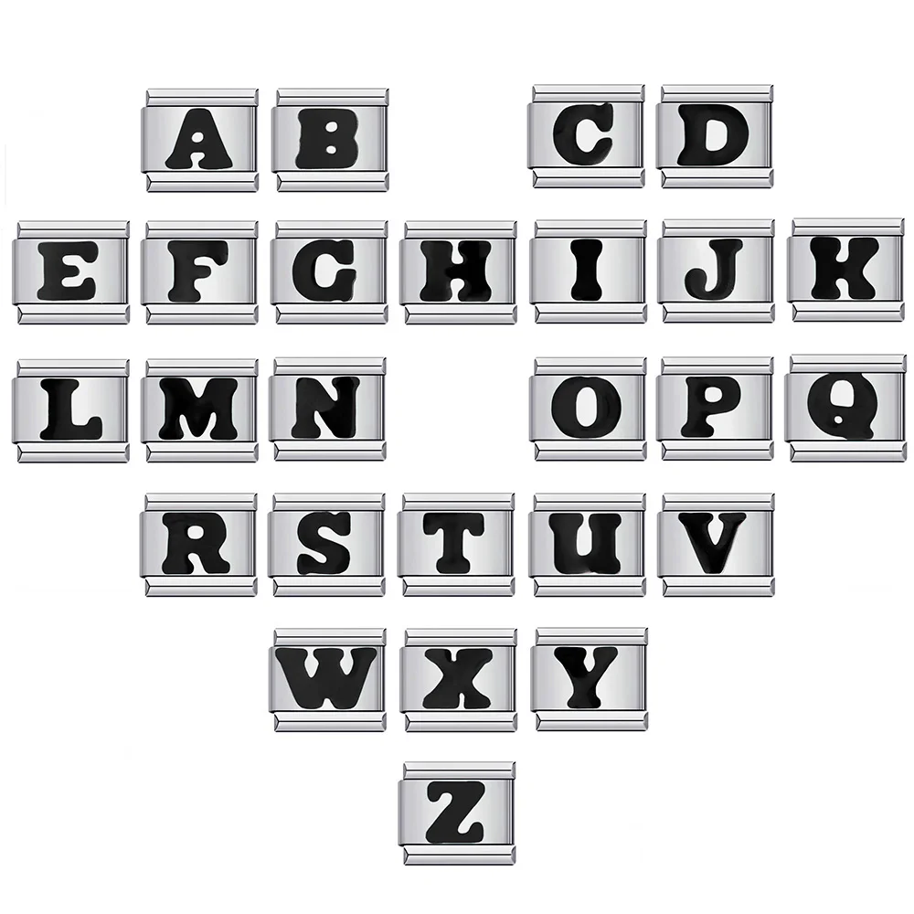 Elegant Glaze Black Italian Letter Charms Stainless Steel Bracelet for Women and Men Jewelry Making