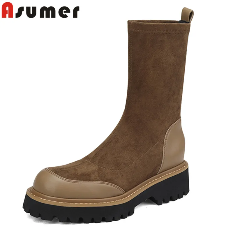 

ASUMER 2024 New Arrive Flock Slip On Women Boots Thick Med Heels Platform Shoes Winter Autumn Ladies Ankle Boots