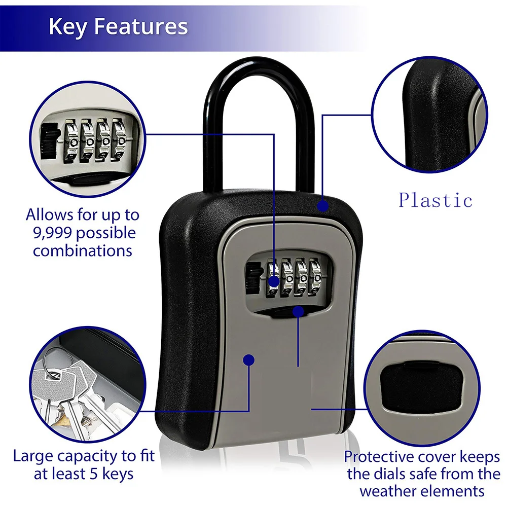 Plastic Key Lock Box Portable Combination Lockbox Wall-Mounted Key Storage Box Resettable Code Safe Security Lock Box for Home 2