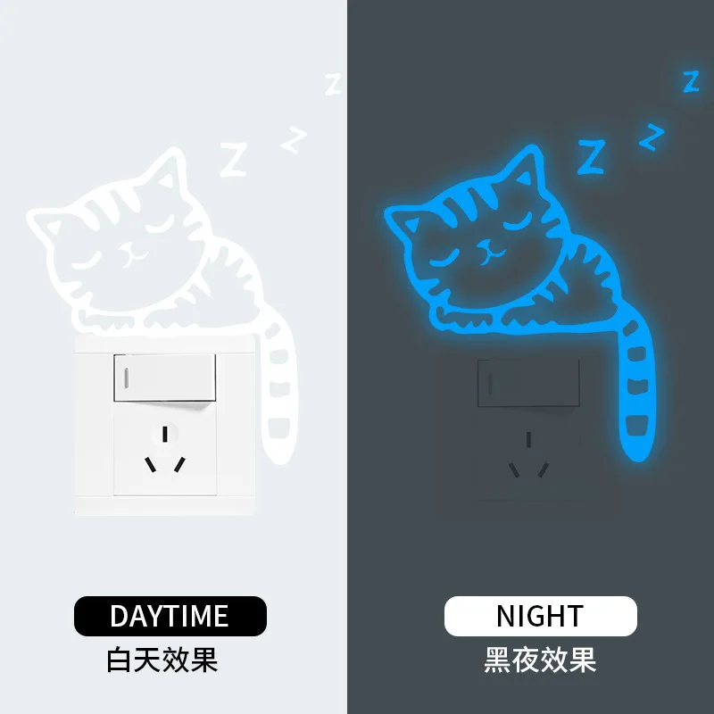 Glow in The Dark Cat Wall Stickers Cute Cartoon Light Switch Decals for Kids Bedroom Living Room