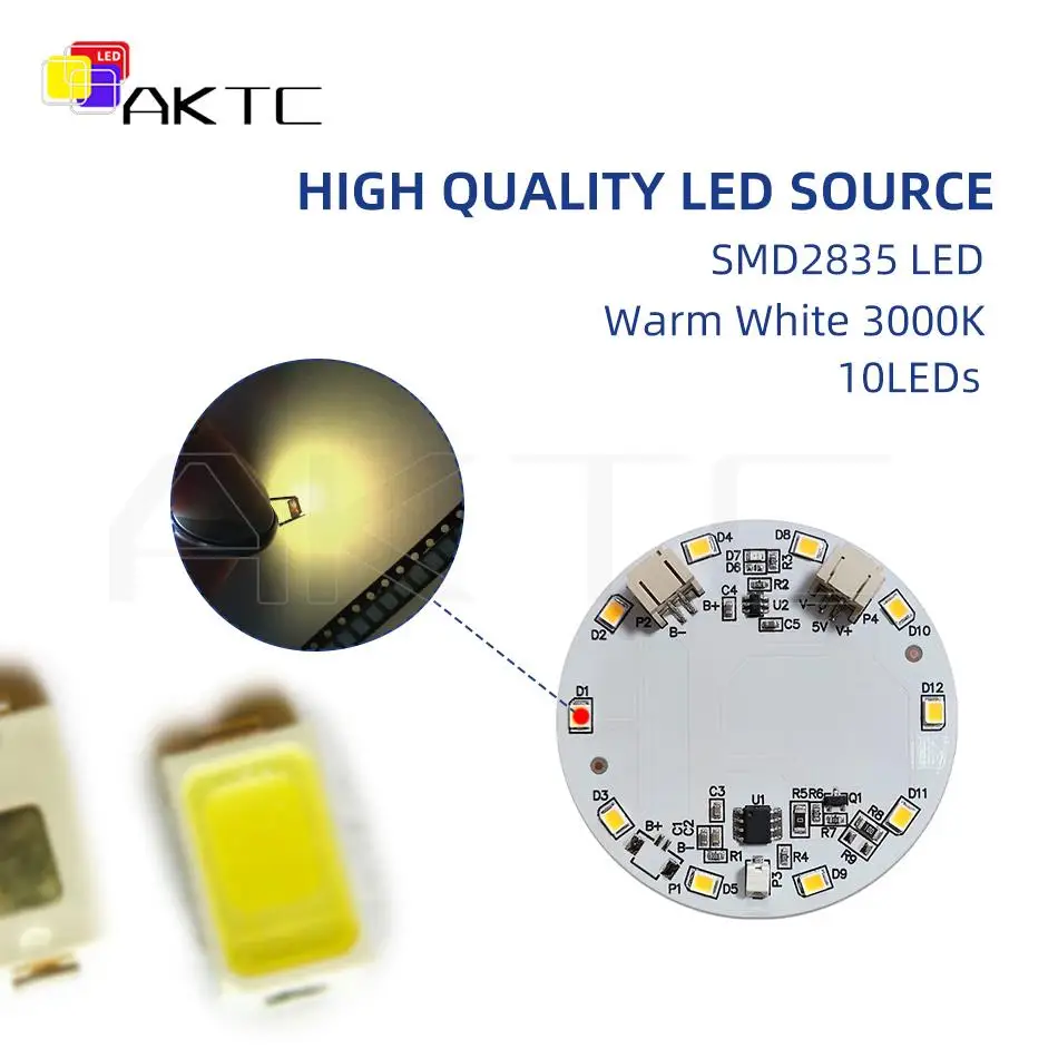 5 Pcs 58mm Round LED Single Color Light Board DC 5V 5W Support Touch Dimming/Charging/Battery Connection PH2.0 Port Welding Free