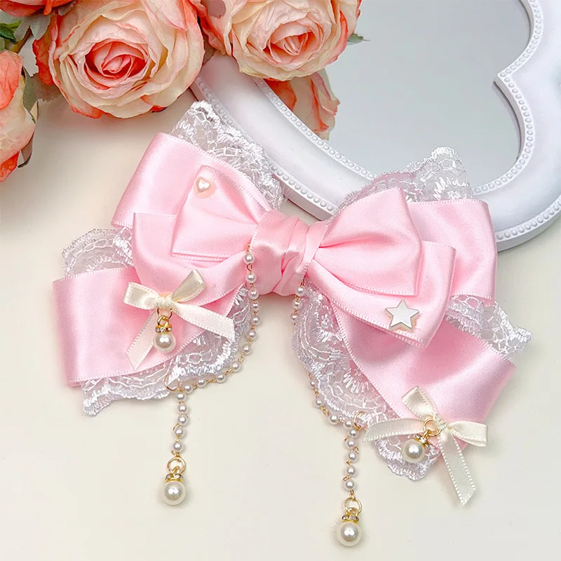 Exquisite and Sweet Lace Pearl Chain Big Bow Pearl Pink Cute Princess Headpiece Hair Clip Accessories Lolita Headpiece Hair Clip