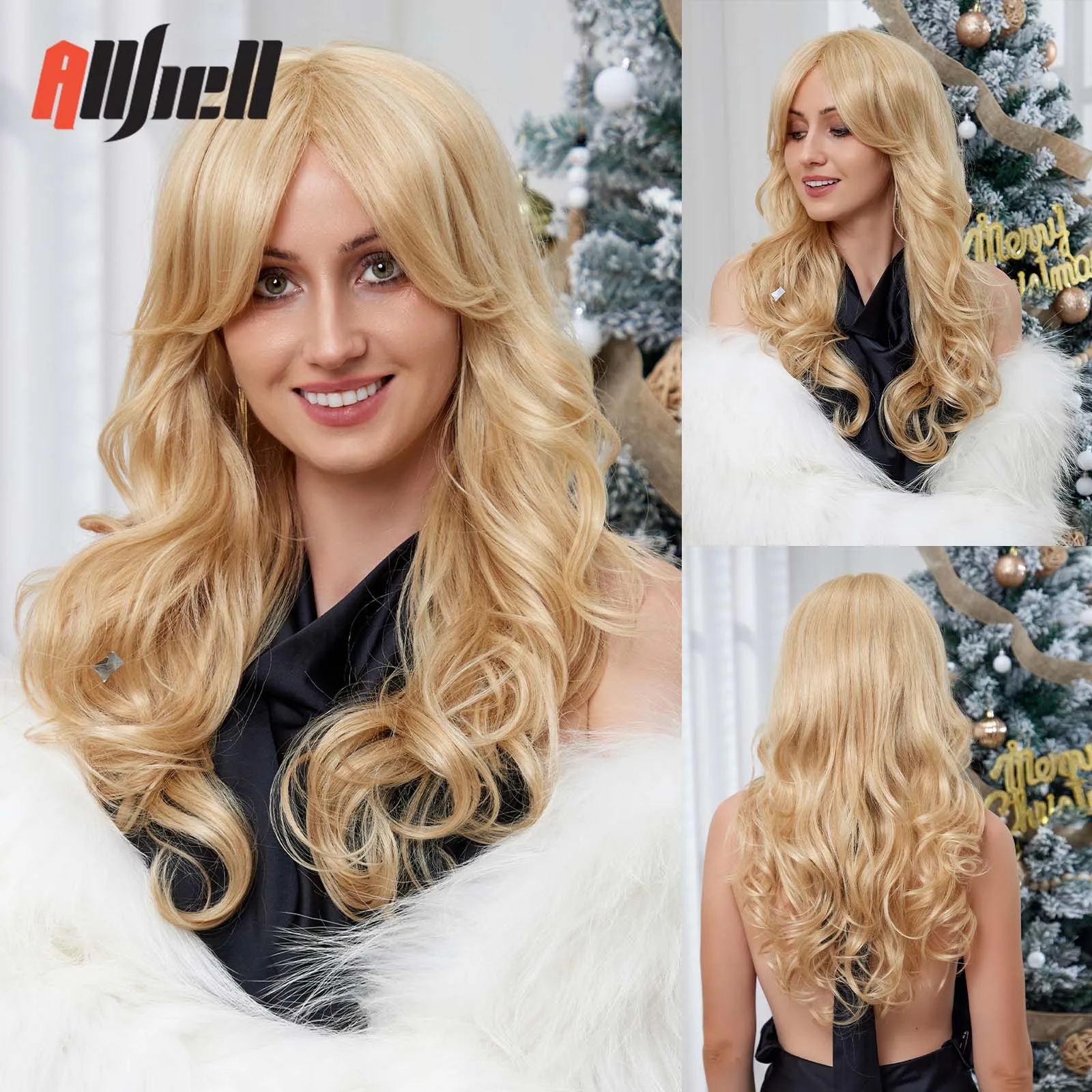 Long Wavy Golden Blonde 613 Blend Human Hair Wigs for Women Natural Hair With Bangs 30% Human Hair With Synthetic Fiber Wigs