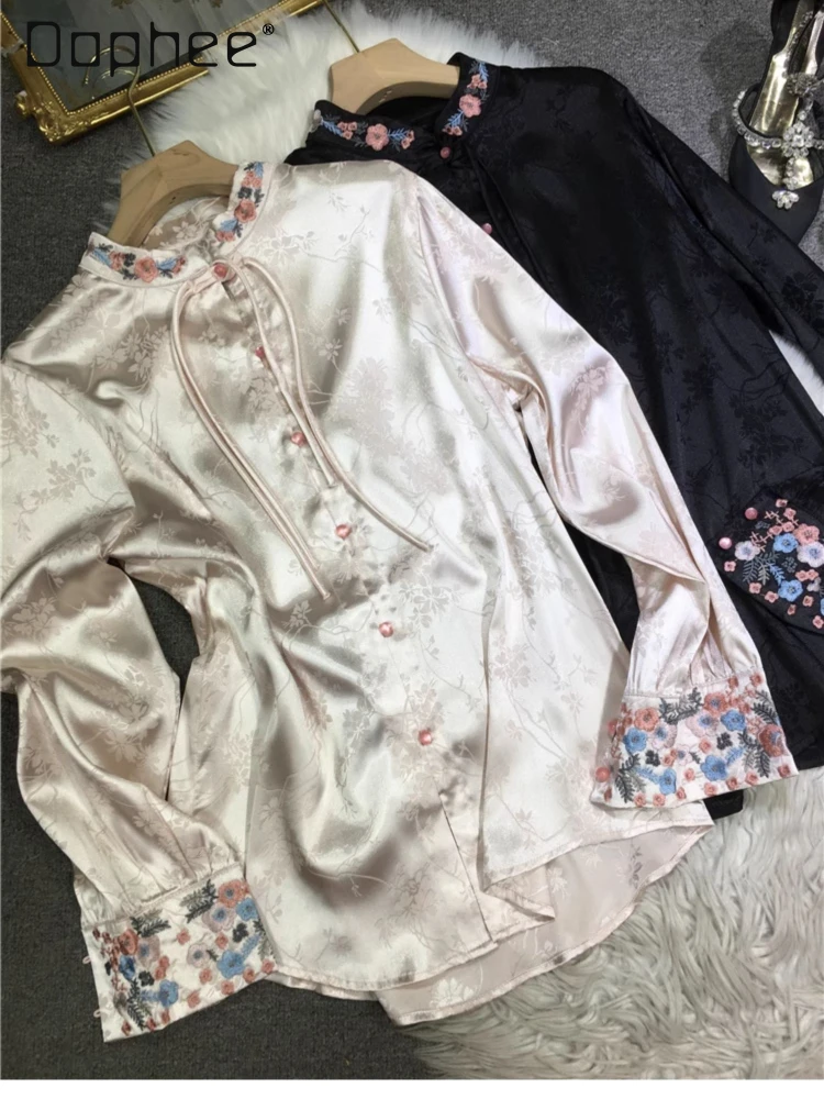 Machine Embroidery Blouse Women 2024 Spring and Summer Long Sleeves White Slimming Silky Retro Frog Button Floral Print Shirt 200pcs tattoo machine covers tattoo pen sleeves disposable filter tattoo pen type bag plastic protection bags tattoo accessories