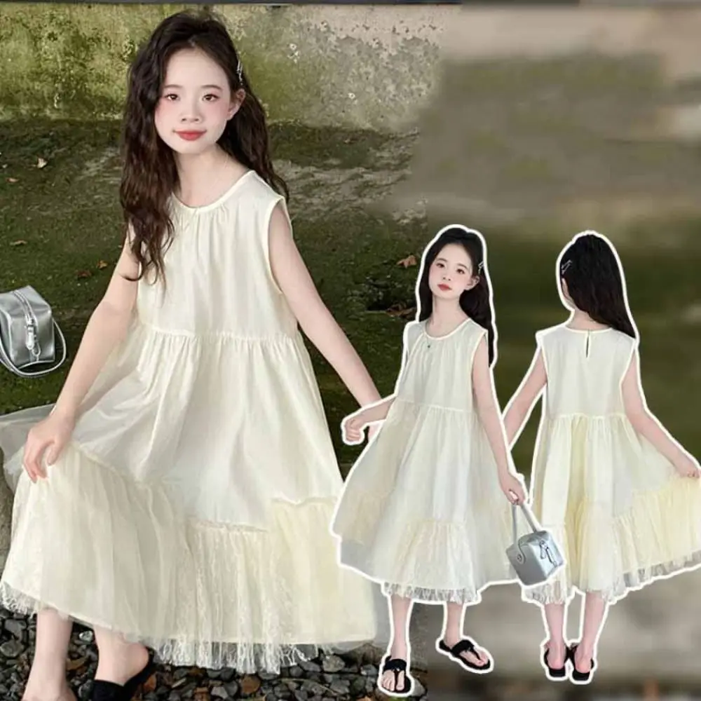 Elegant Loose Girls Sleeveless Dress Lace Mesh Pleated Summer Kids Dresses Teenagers Sweet Children Princess Dress Holiday
